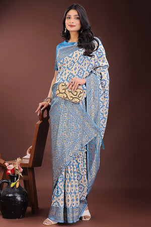 Sky Blue Cotton Blend Saree with Woven Floral Brocade Patterns and Tasseled Borders