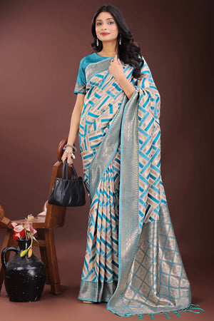 Teal Saree with Zari Woven Geometric Motifs and Graceful Tassel Accents