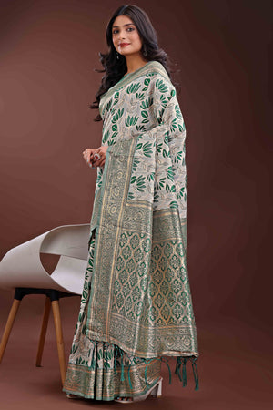 Green Linen Cotton Saree Featuring Graceful Floral Patterns in Zari Weave