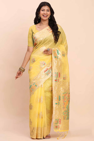 Yellow Bloom Zari Woven Linen Cotton Saree Adorned With Floral Motifs & A Tassel Finish