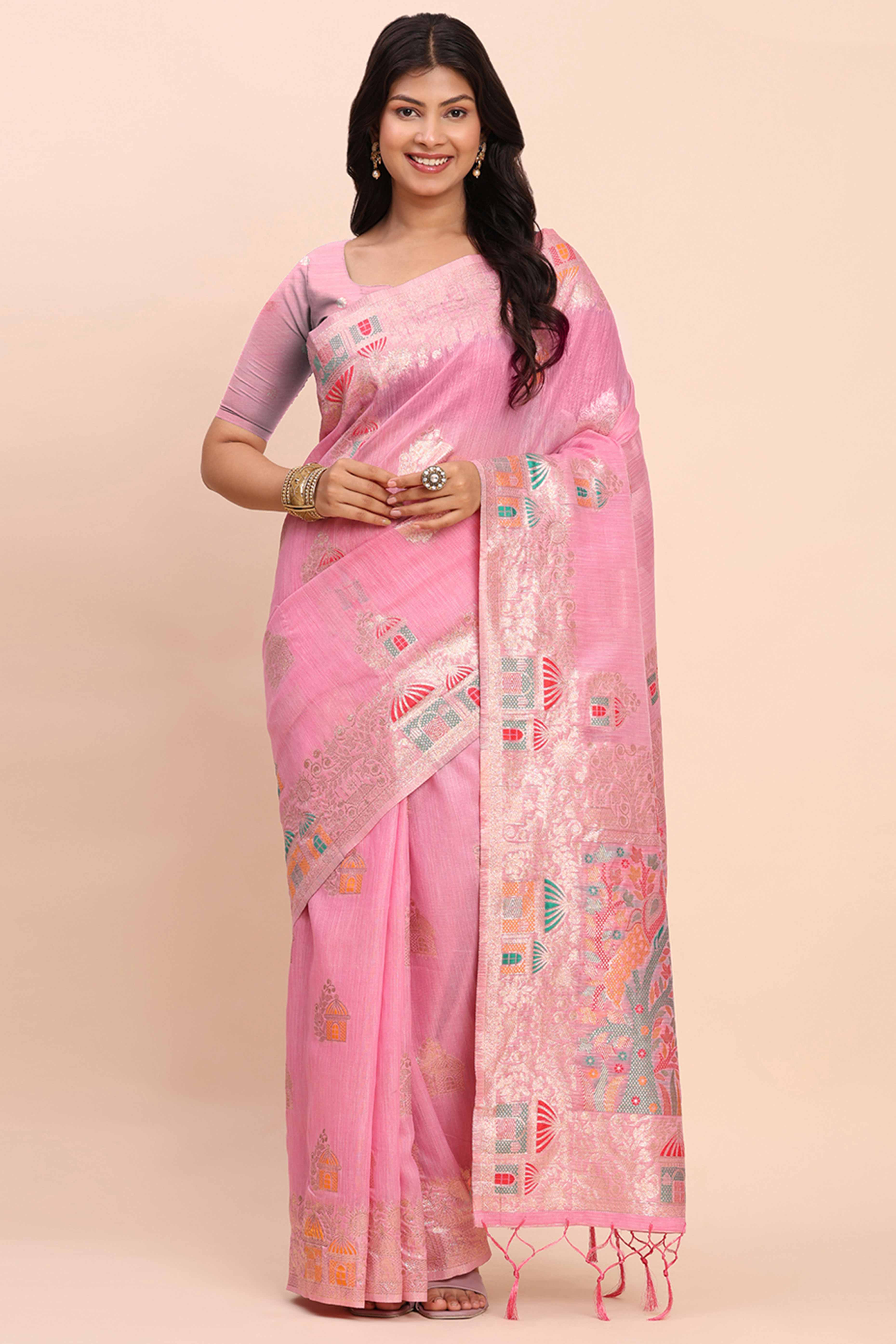 Pink Bloom Zari Woven Linen Cotton Saree Adorned With Floral Motifs & A Tassel Finish