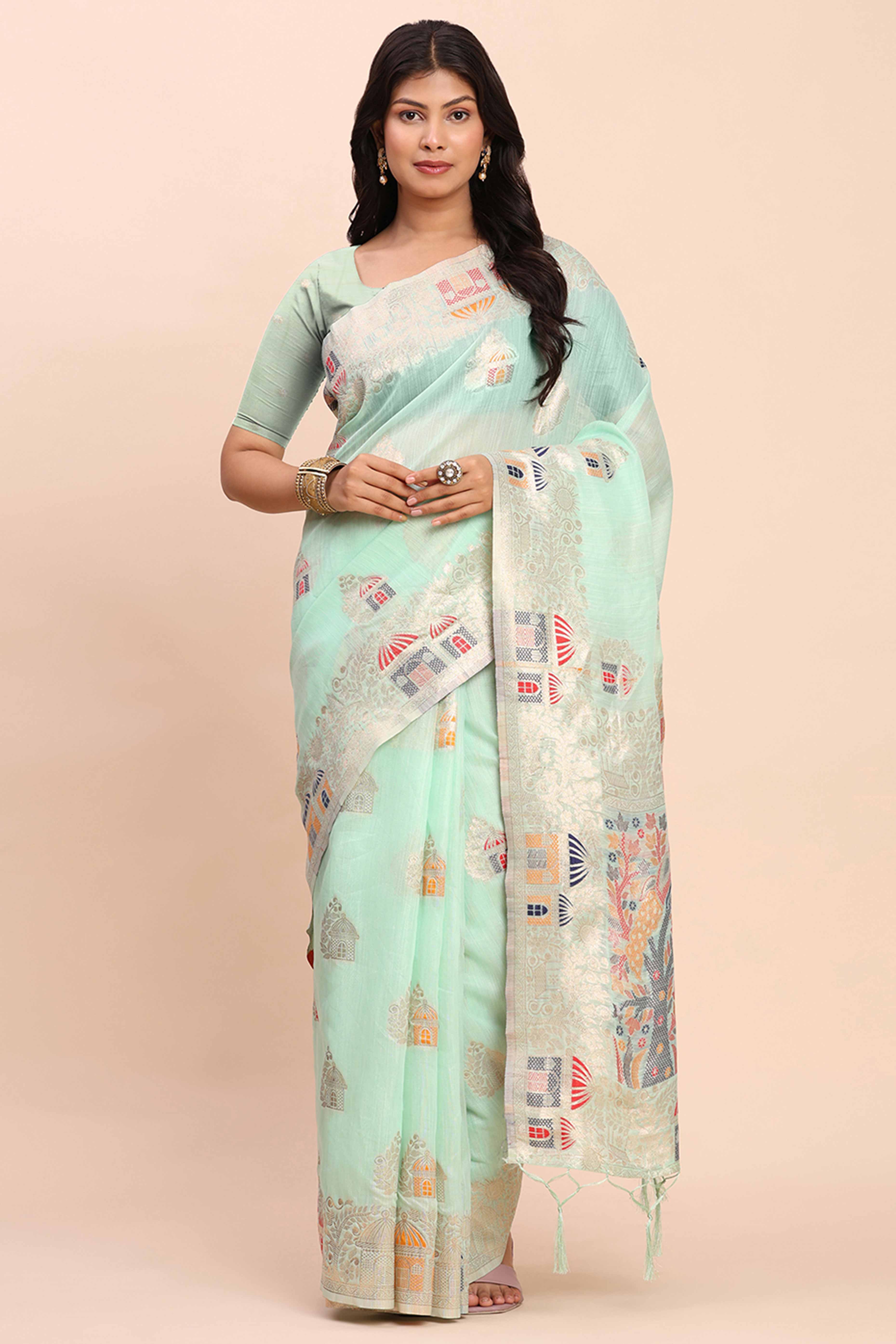 Sea Green Bloom Zari Woven Linen Cotton Saree Adorned With Floral Motifs & A Tassel Finish