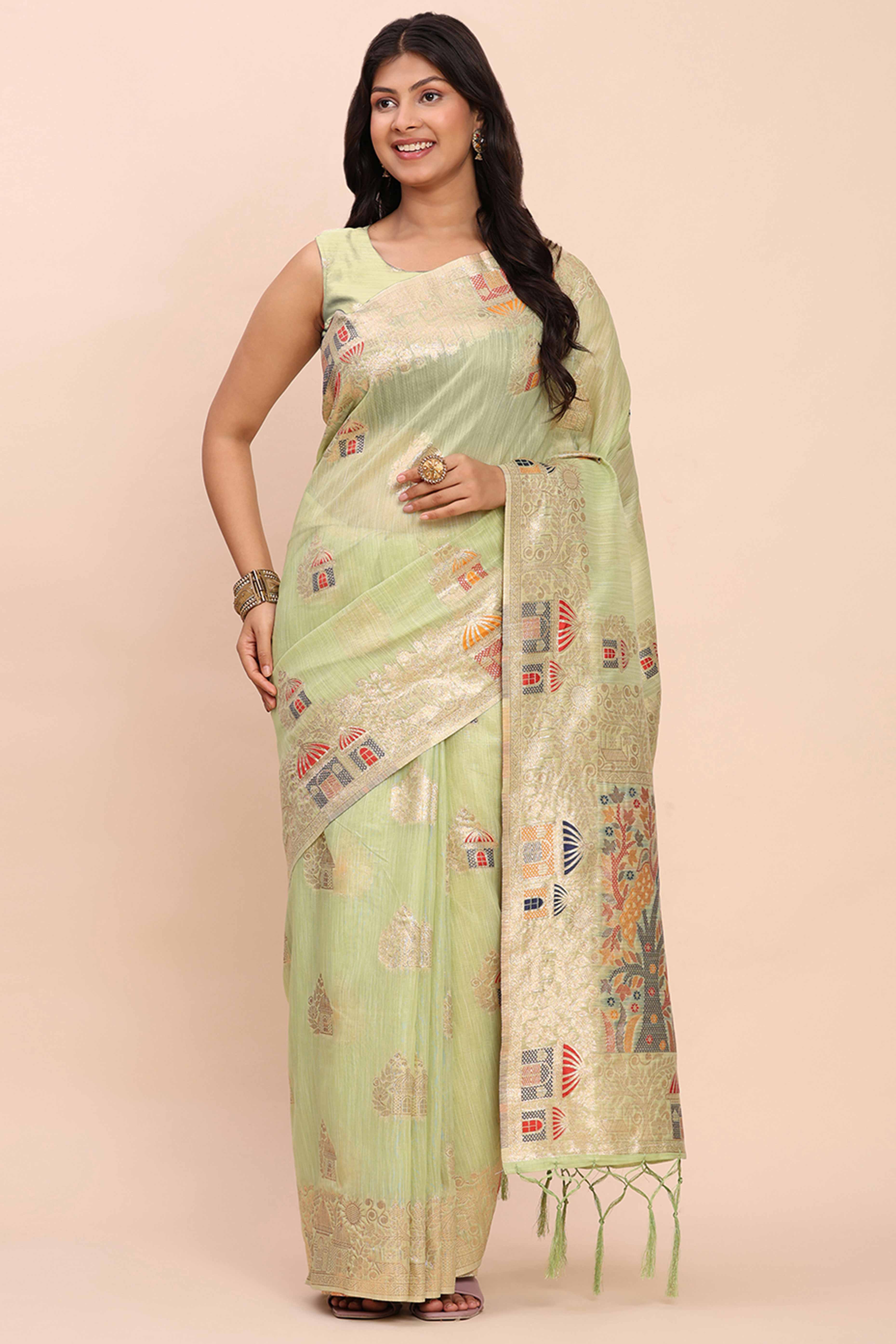 Light Green Bloom Zari Woven Linen Cotton Saree Adorned With Floral Motifs & A Tassel Finish