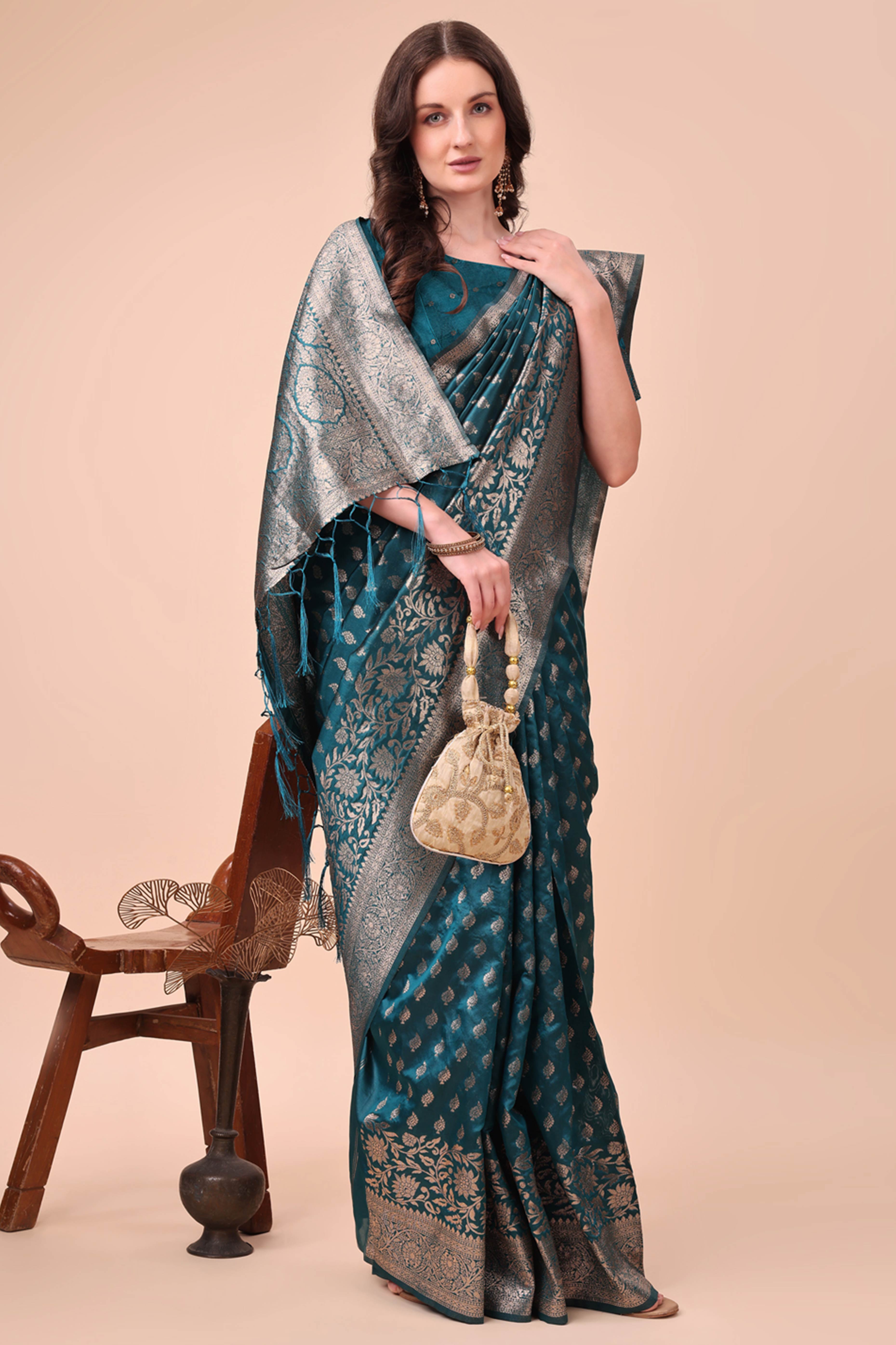 Teal Saree In Lichi Silk Blend With Floral Zari Weaving & Delicate Tassel Border