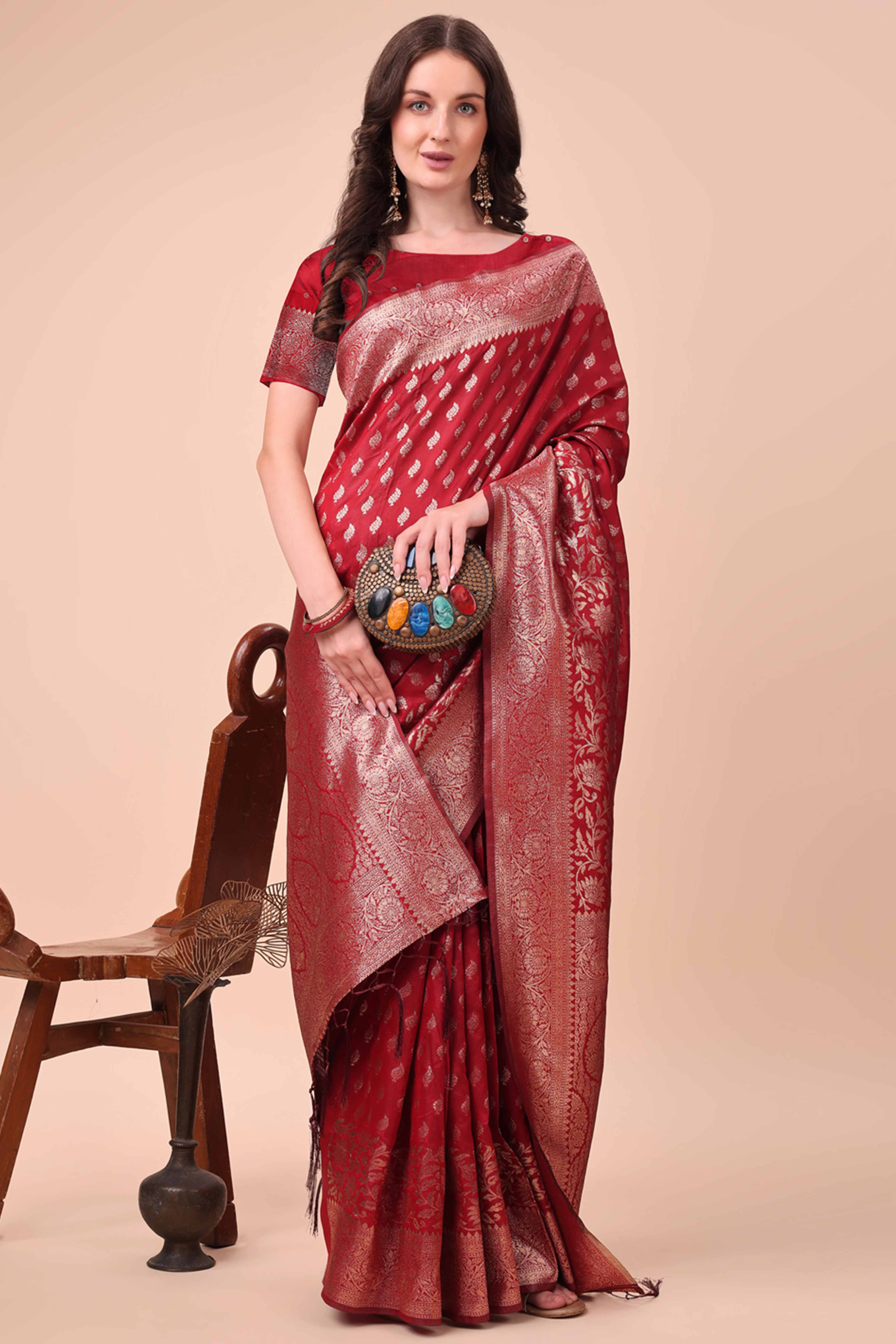 Red Saree In Lichi Silk Blend With Floral Zari Weaving & Delicate Tassel Border
