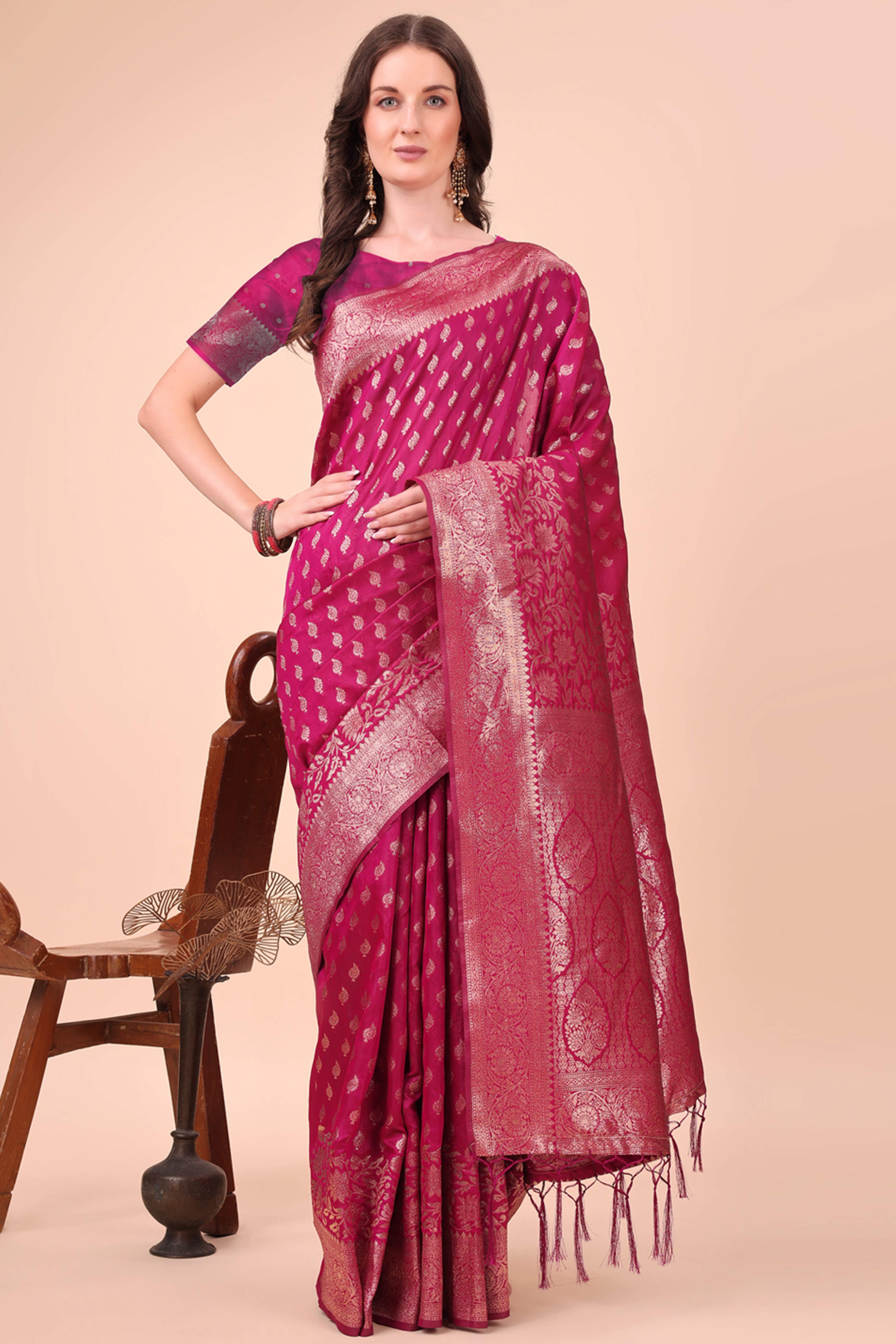 Magenta Saree In Lichi Silk Blend With Floral Zari Weaving & Delicate Tassel Border