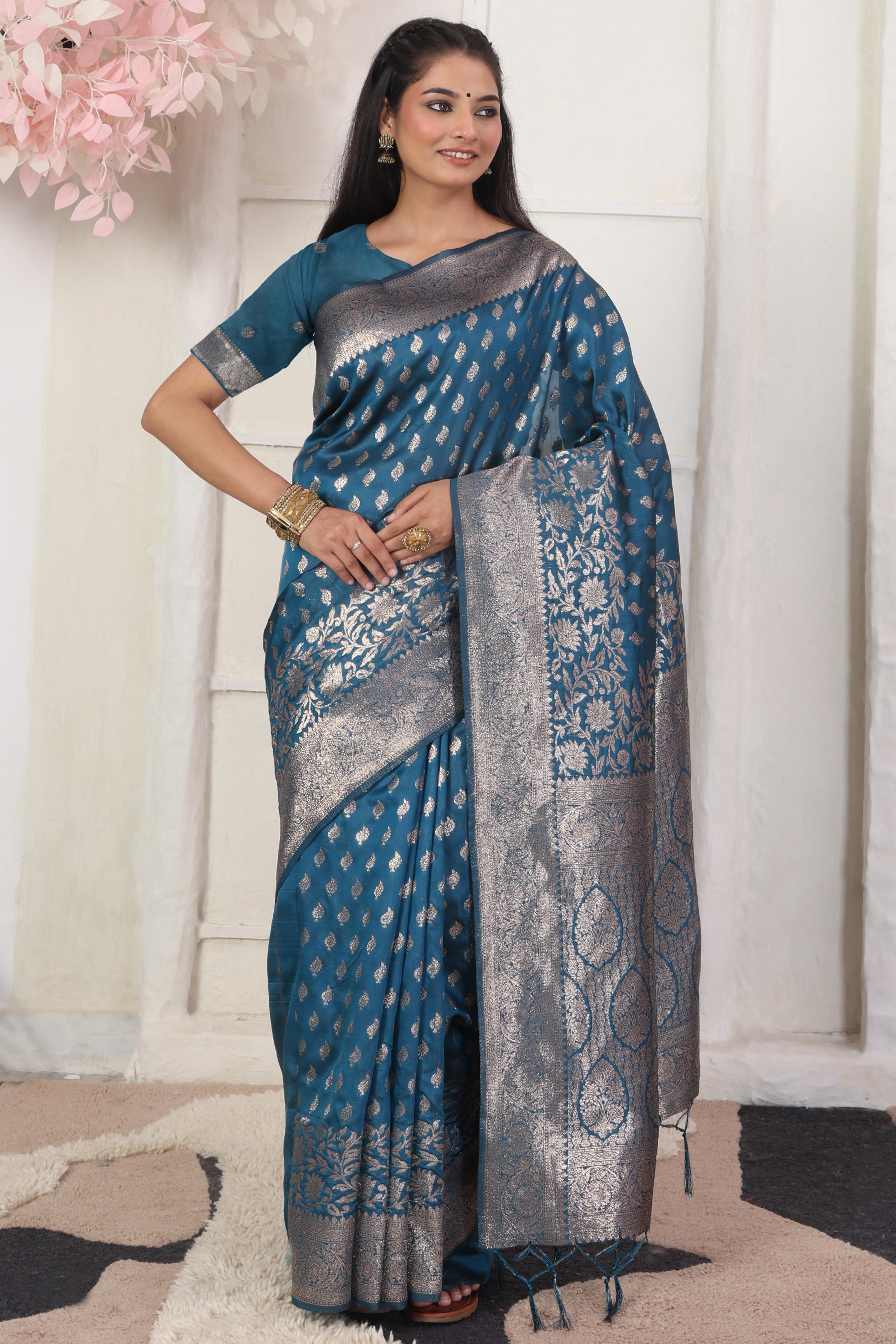 Blue Traditional Lichi Silk Blend Saree Enhanced With Floral Zari Weaving & Tassel Pallu