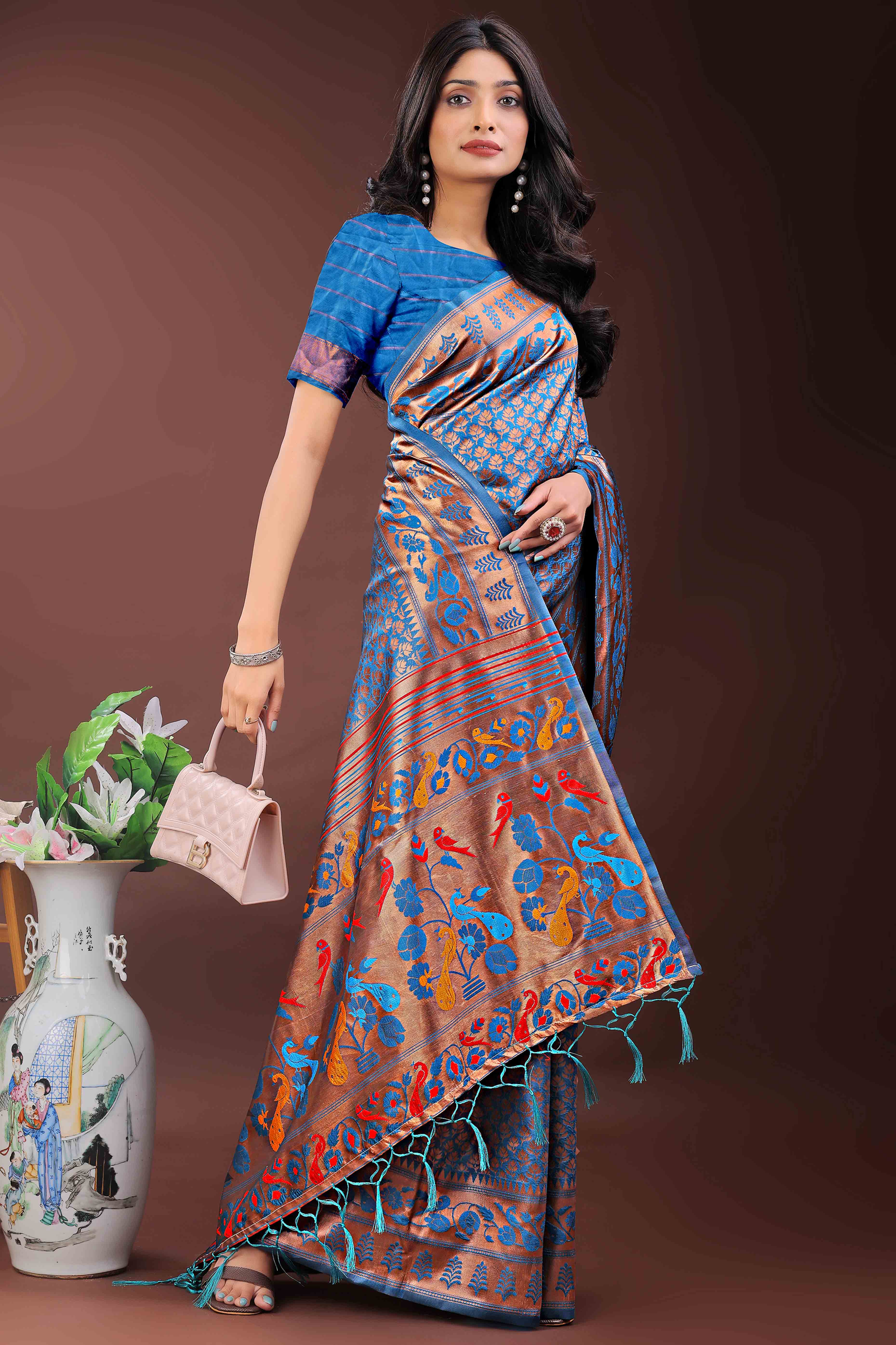 Blue Silk Banarasi Saree with Stunning Zari Woven Brocade Patterns