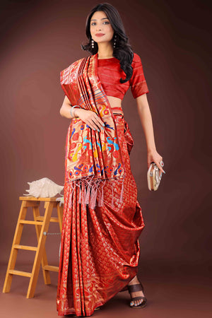 Red Silk Banarasi Saree with Stunning Zari Woven Brocade Patterns