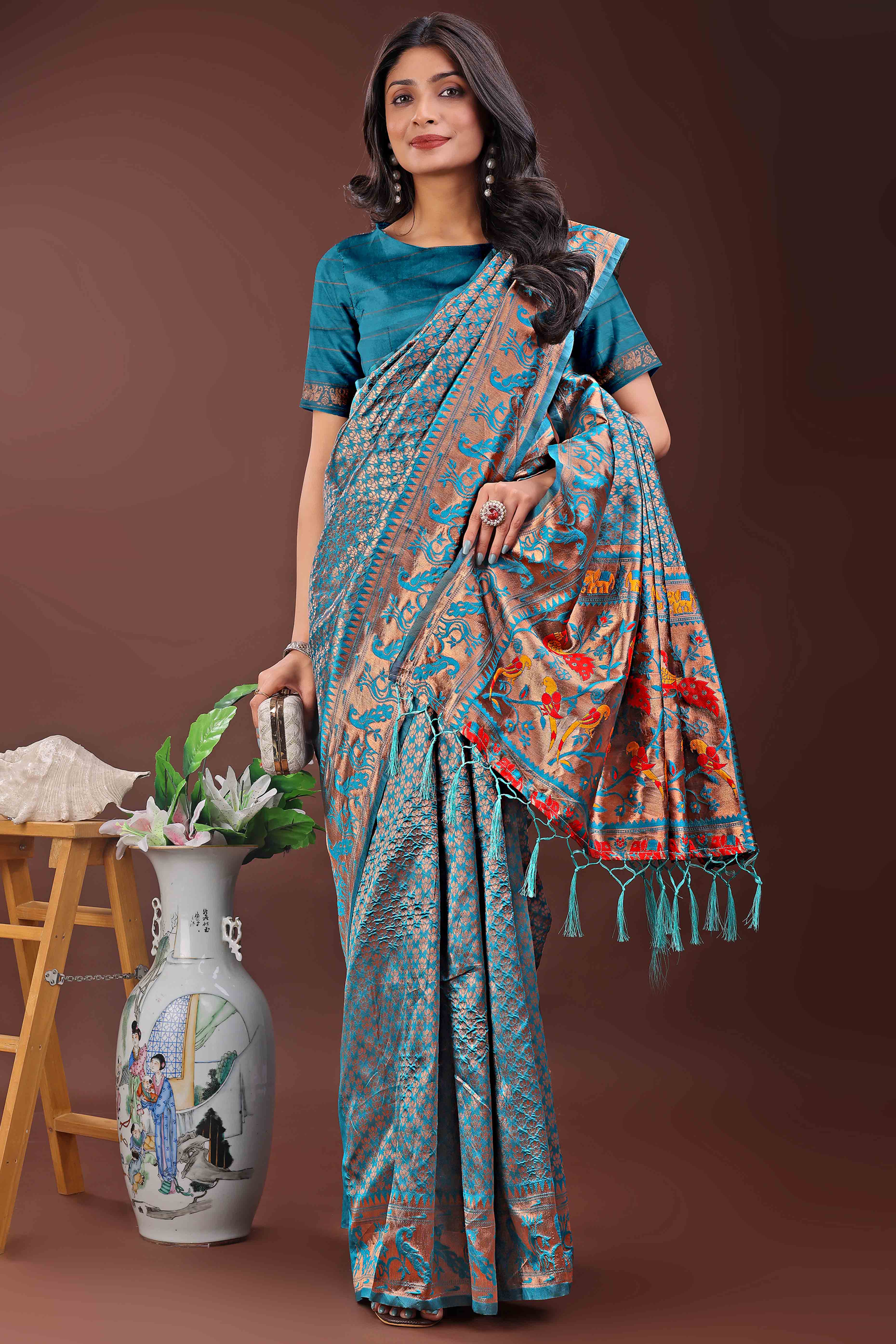 Teal Saree in Banarasi Silk with Luxurious Zari Brocade Weaving