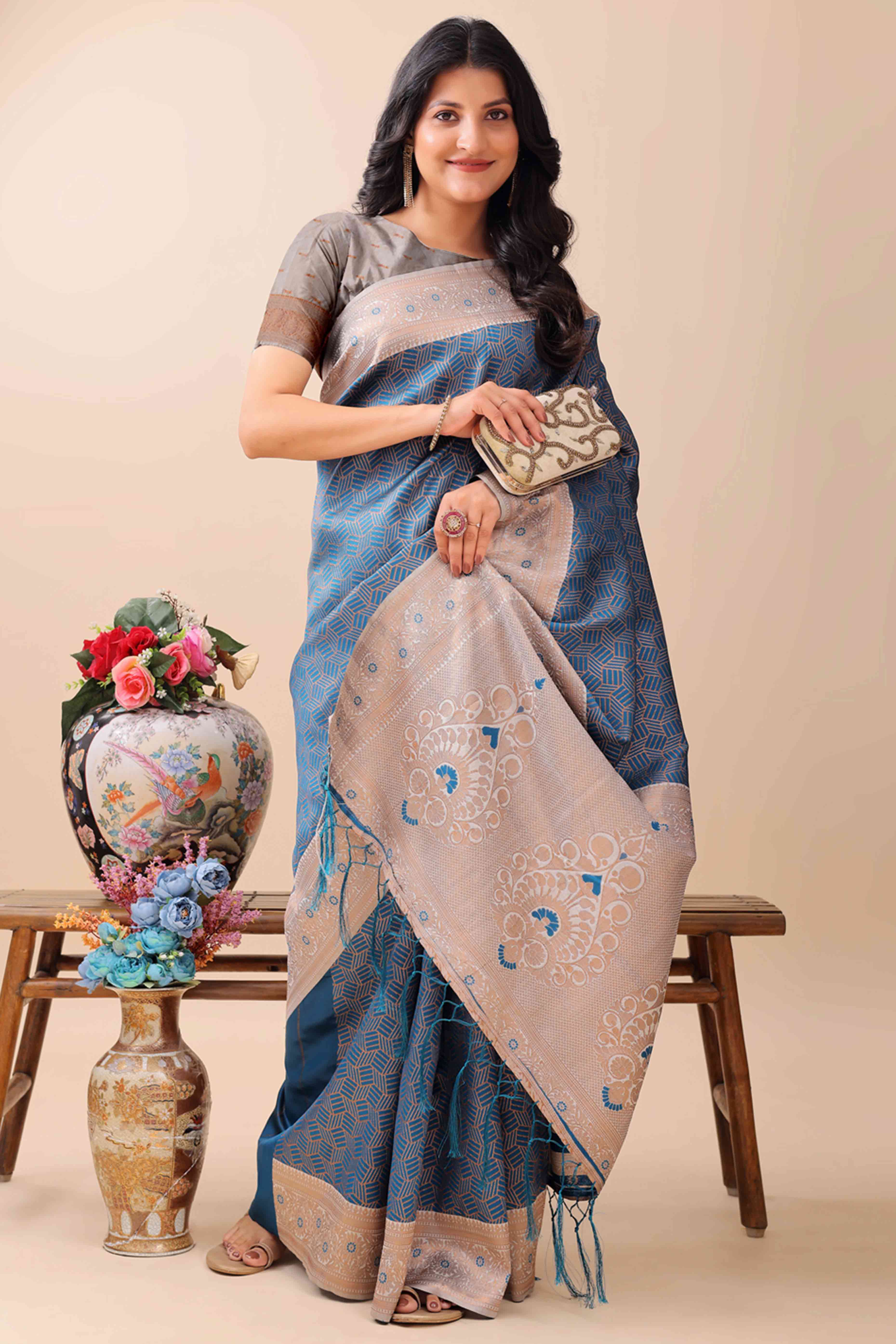 Blue Lichi Cotton Silk Saree With Intricate Zari Weaving In Floral & Geometric Patterns