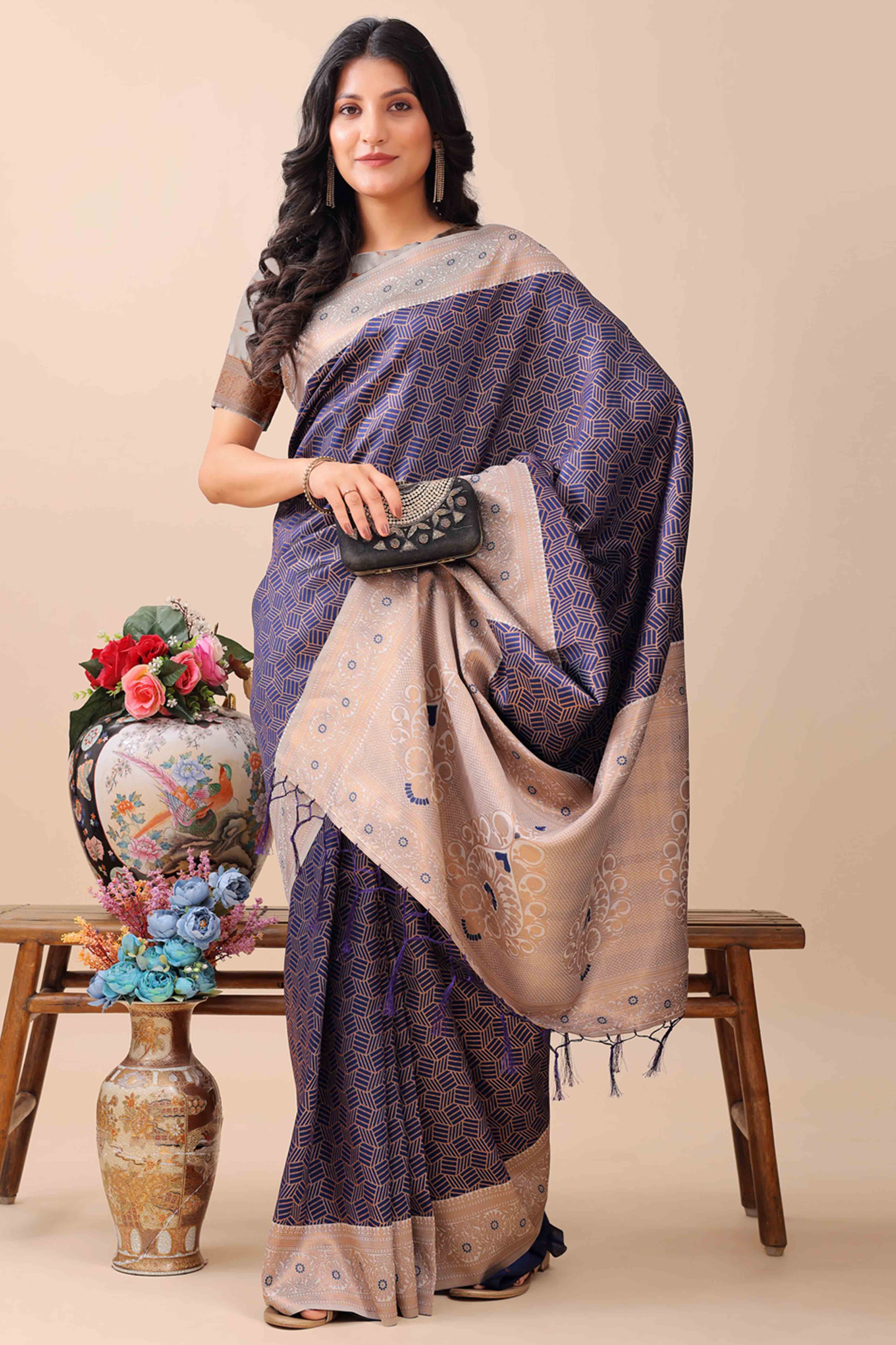 Navy Blue Lichi Cotton Silk Saree With Intricate Zari Weaving In Floral & Geometric Patterns
