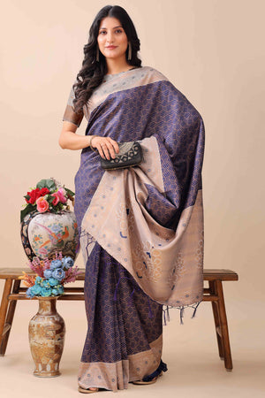 Navy Blue Lichi Cotton Silk Saree With Intricate Zari Weaving In Floral & Geometric Patterns