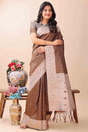 Brown Lichi Cotton Silk Saree With Intricate Zari Weaving In Floral & Geometric Patterns