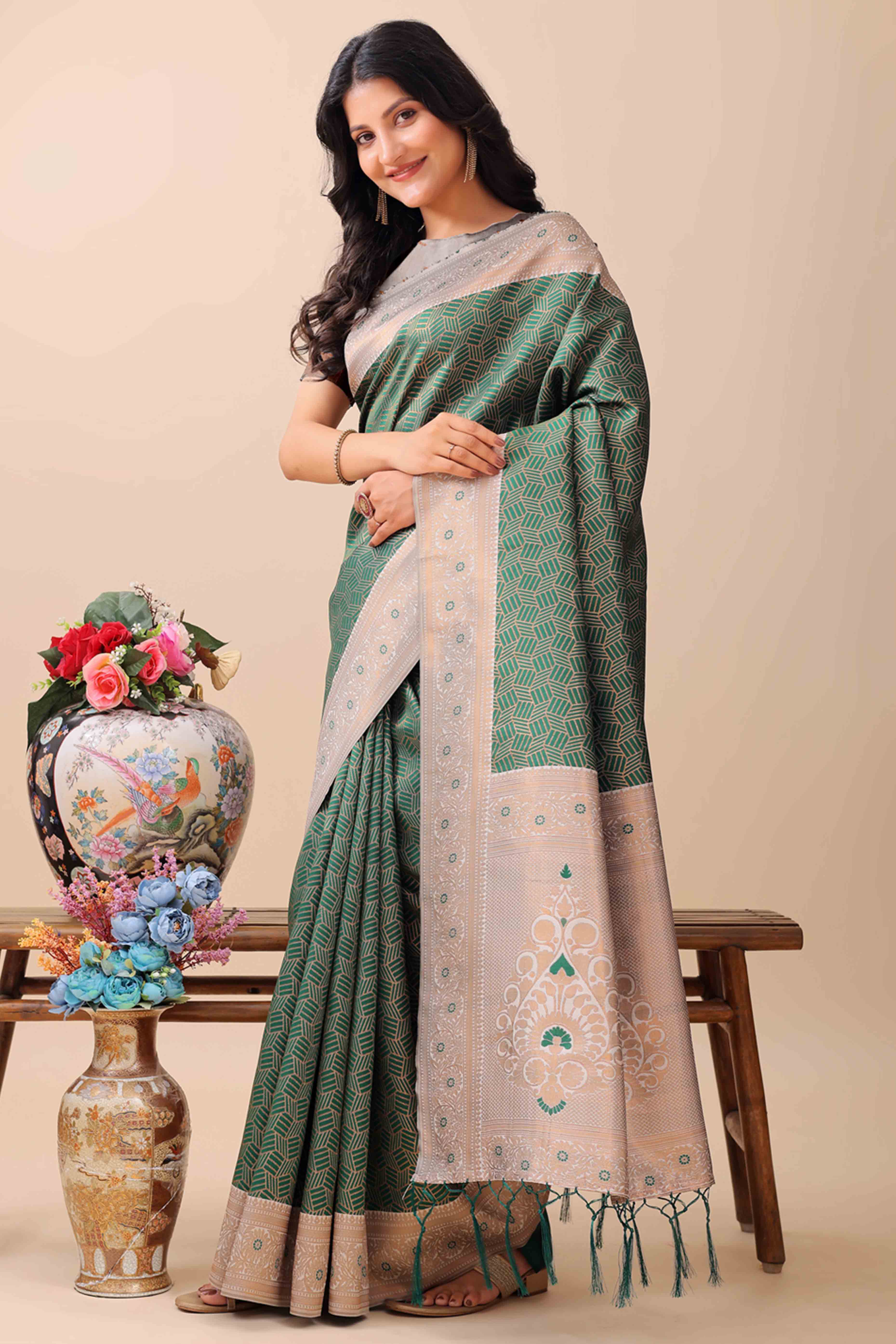 Green Lichi Cotton Silk Saree With Intricate Zari Weaving In Floral & Geometric Patterns