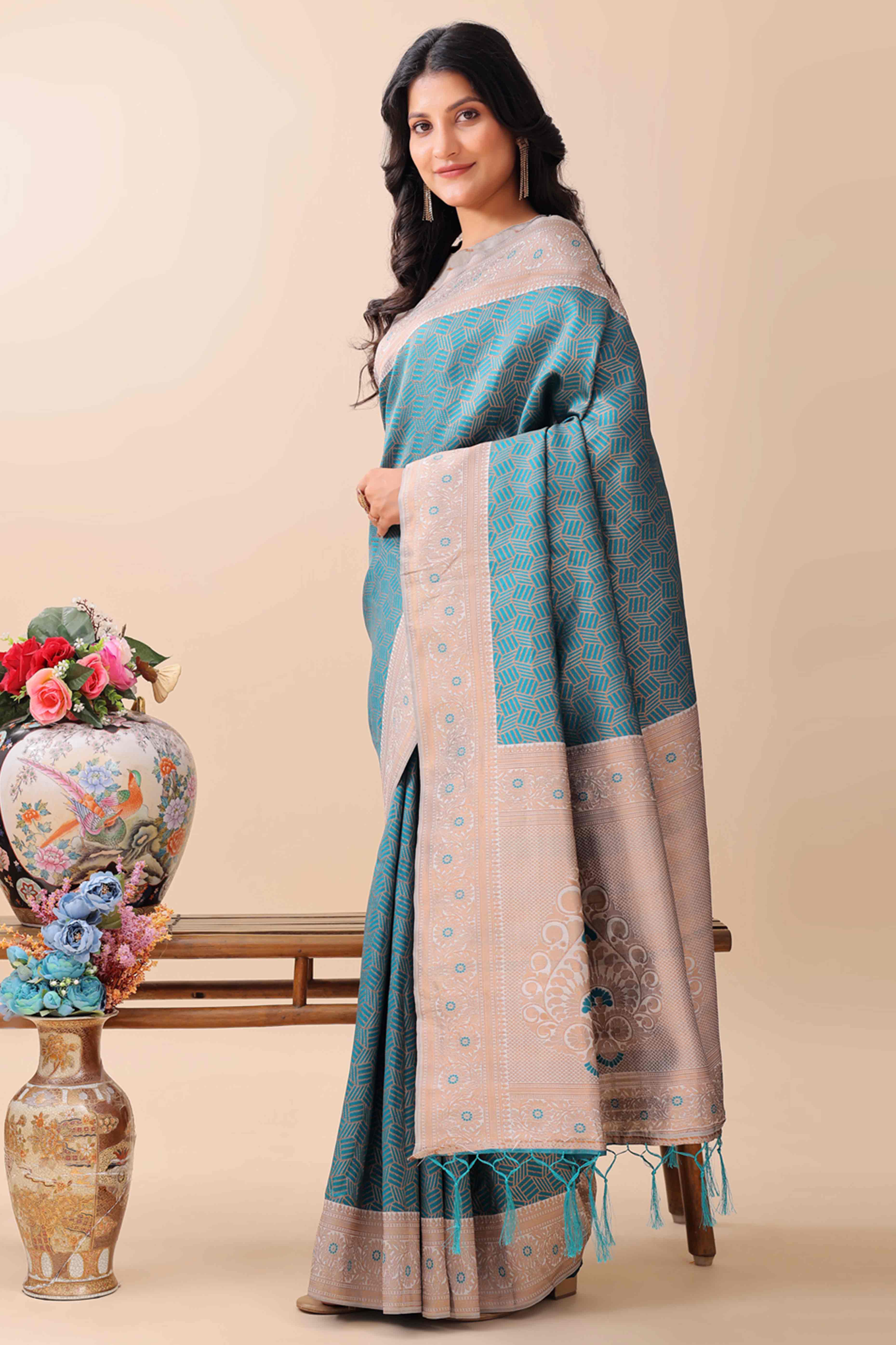 Teal Lichi Cotton Silk Saree With Intricate Zari Weaving In Floral & Geometric Patterns