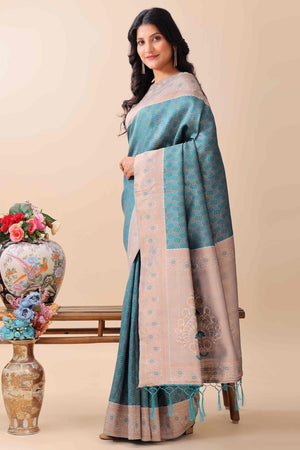 Teal Lichi Cotton Silk Saree With Intricate Zari Weaving In Floral & Geometric Patterns