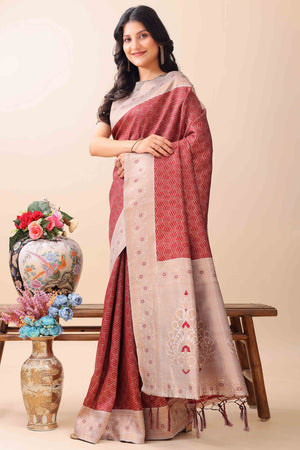 Maroon Lichi Cotton Silk Saree With Intricate Zari Weaving In Floral & Geometric Patterns