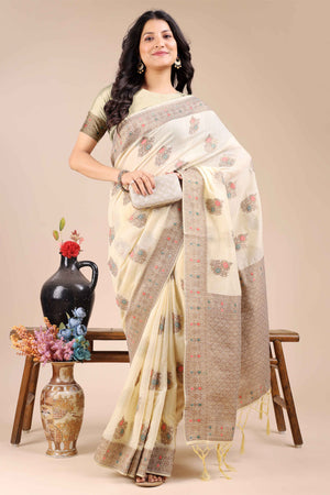 Cream Saree in Cotton Silk with Heritage Inspired Zari Woven Accents