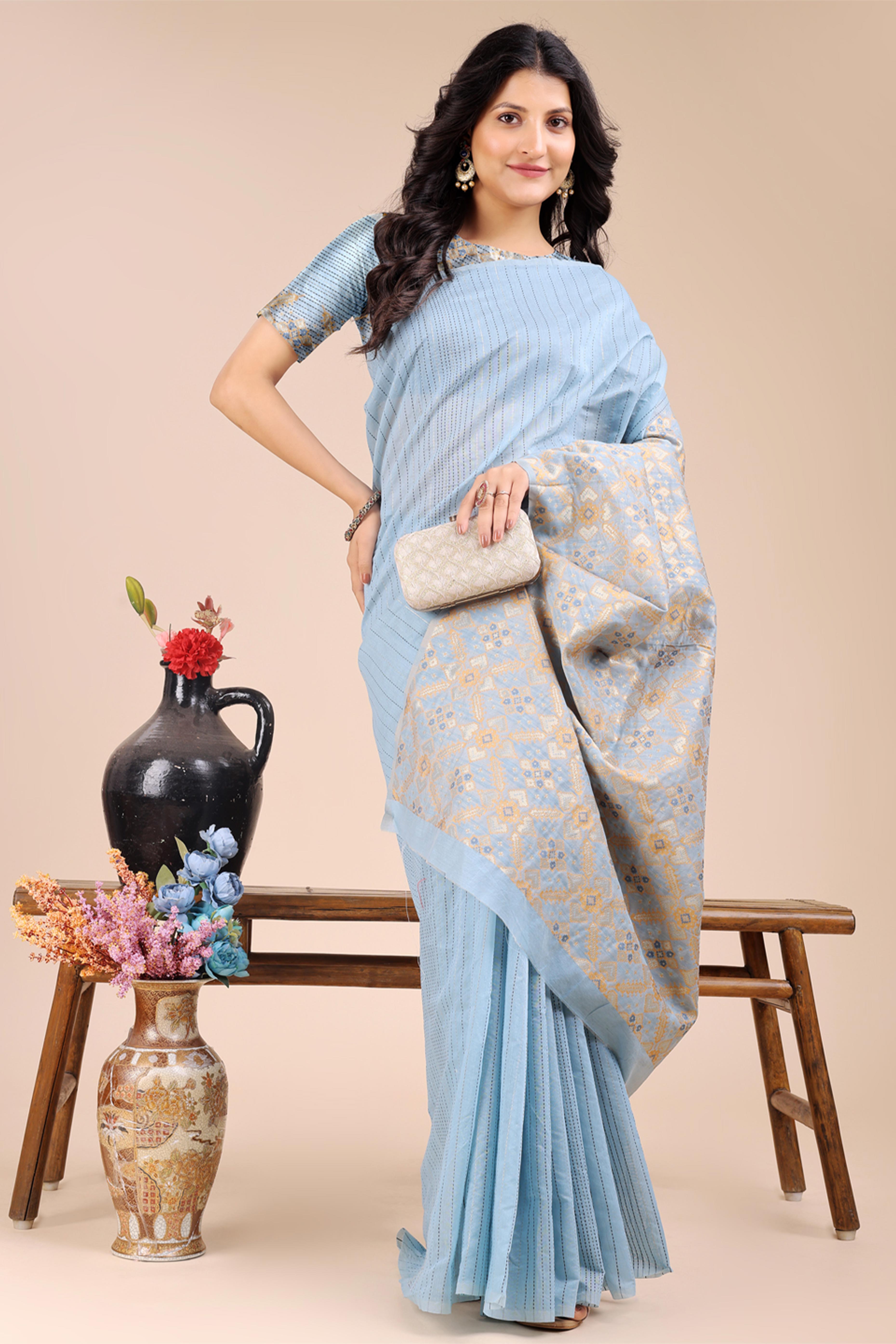 Sky Blue Saree in Cotton Silk with Heritage Inspired Zari Woven Accents