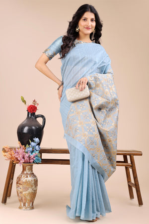 Sky Blue Saree in Cotton Silk with Heritage Inspired Zari Woven Accents