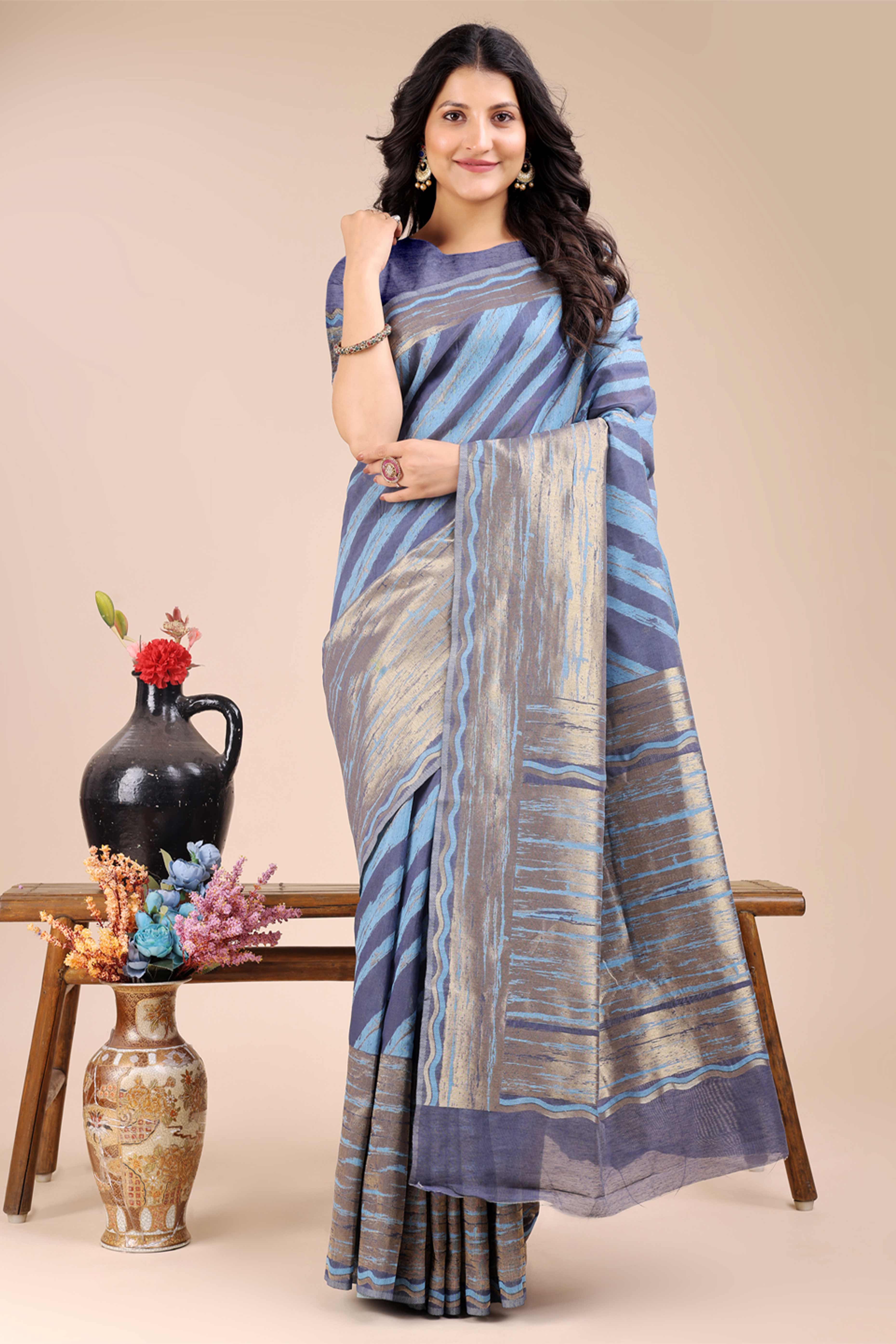 Blue Saree in Cotton Silk with Heritage Inspired Zari Woven Accents