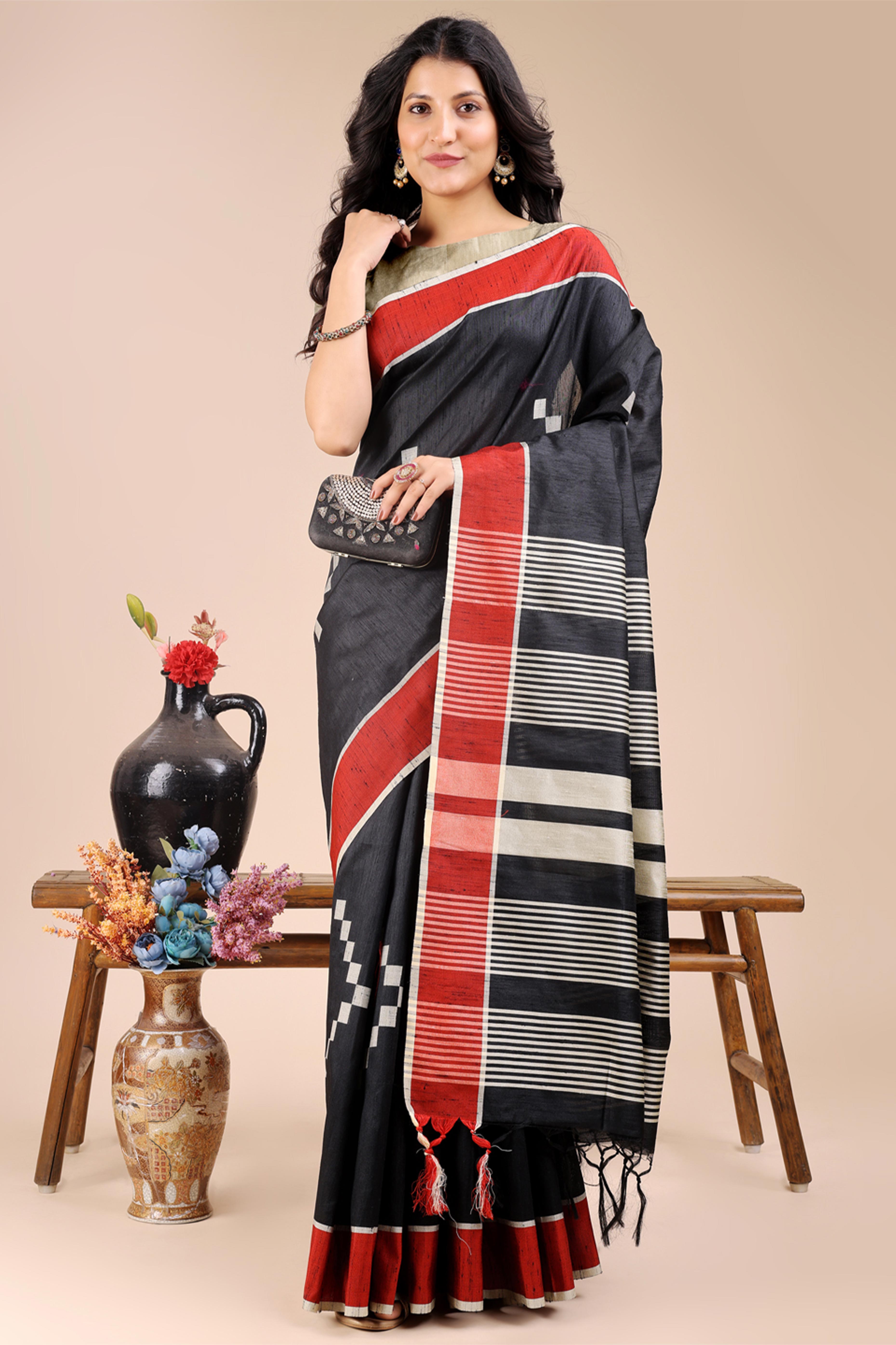 Black Saree in Cotton Silk with Heritage Inspired Zari Woven Accents