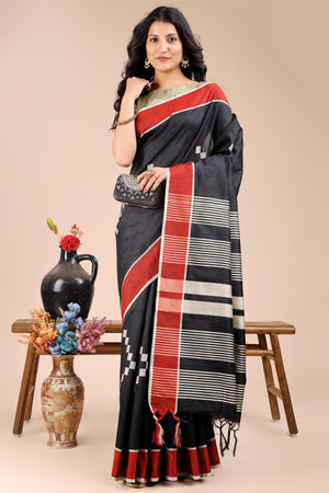 Black Saree in Cotton Silk with Heritage Inspired Zari Woven Accents