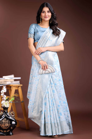 Breathtaking Sky Blue Geometric Style Zari Weaving Cotton Blend Saree Enhanced with Elegant Tassels