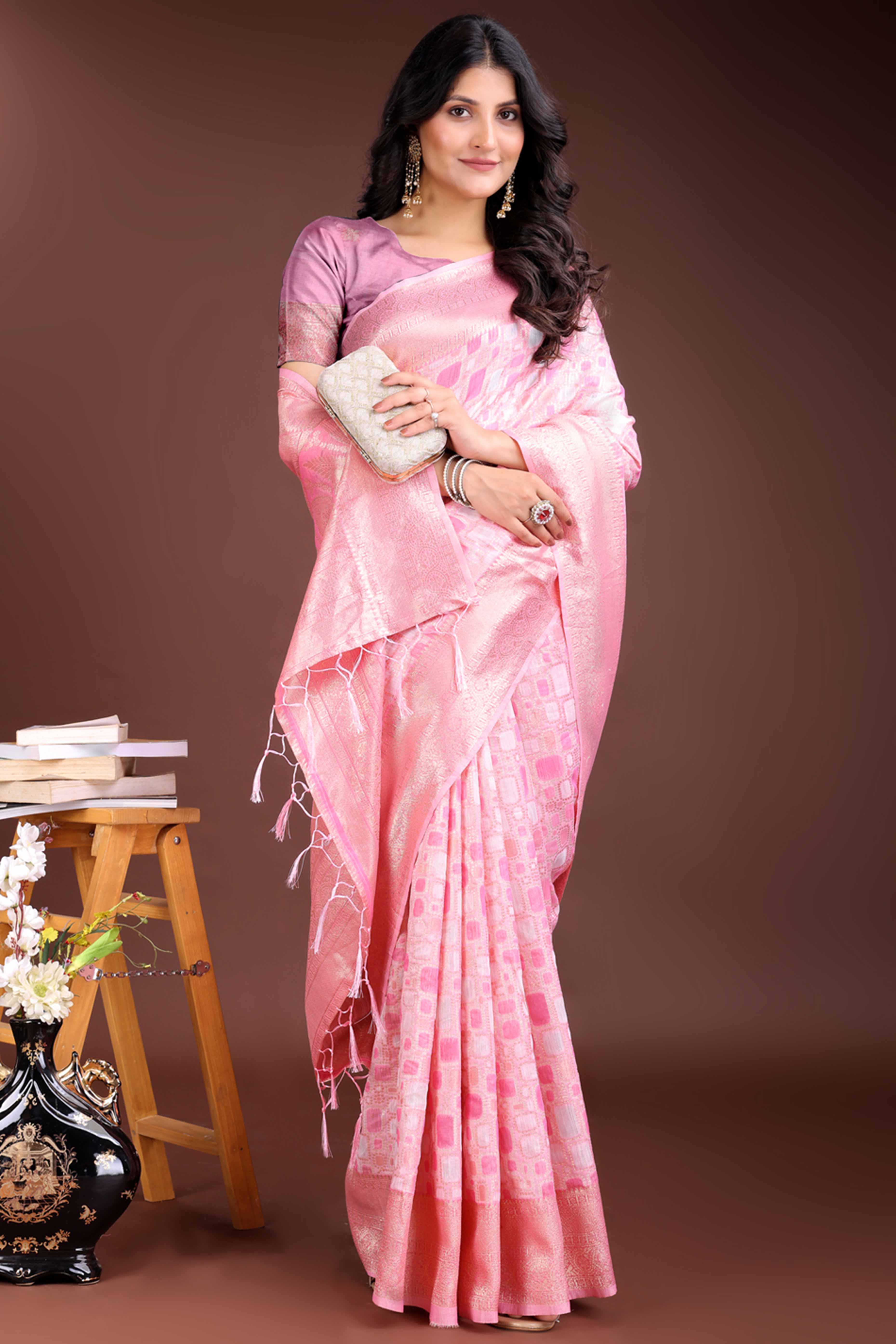 Charming Pink Geometric Style Zari Weaving Cotton Blend Saree Decorated with Graceful Tassels