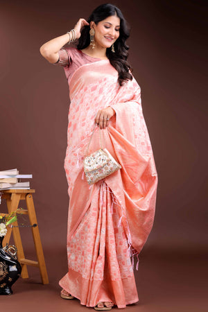 Delightful Peach Geometric Style Zari Weaving Cotton Blend Saree Embellished with Stylish Tassels