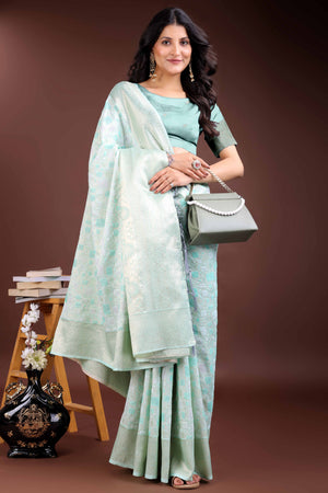 Serene Sea Green Geometric Style Zari Weaving Cotton Blend Saree Featuring Artistic Tassels