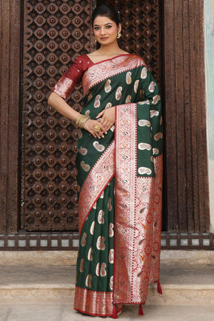Designer Green Silk Blend Saree with Timeless Paisley Pattern in Zari Weaving