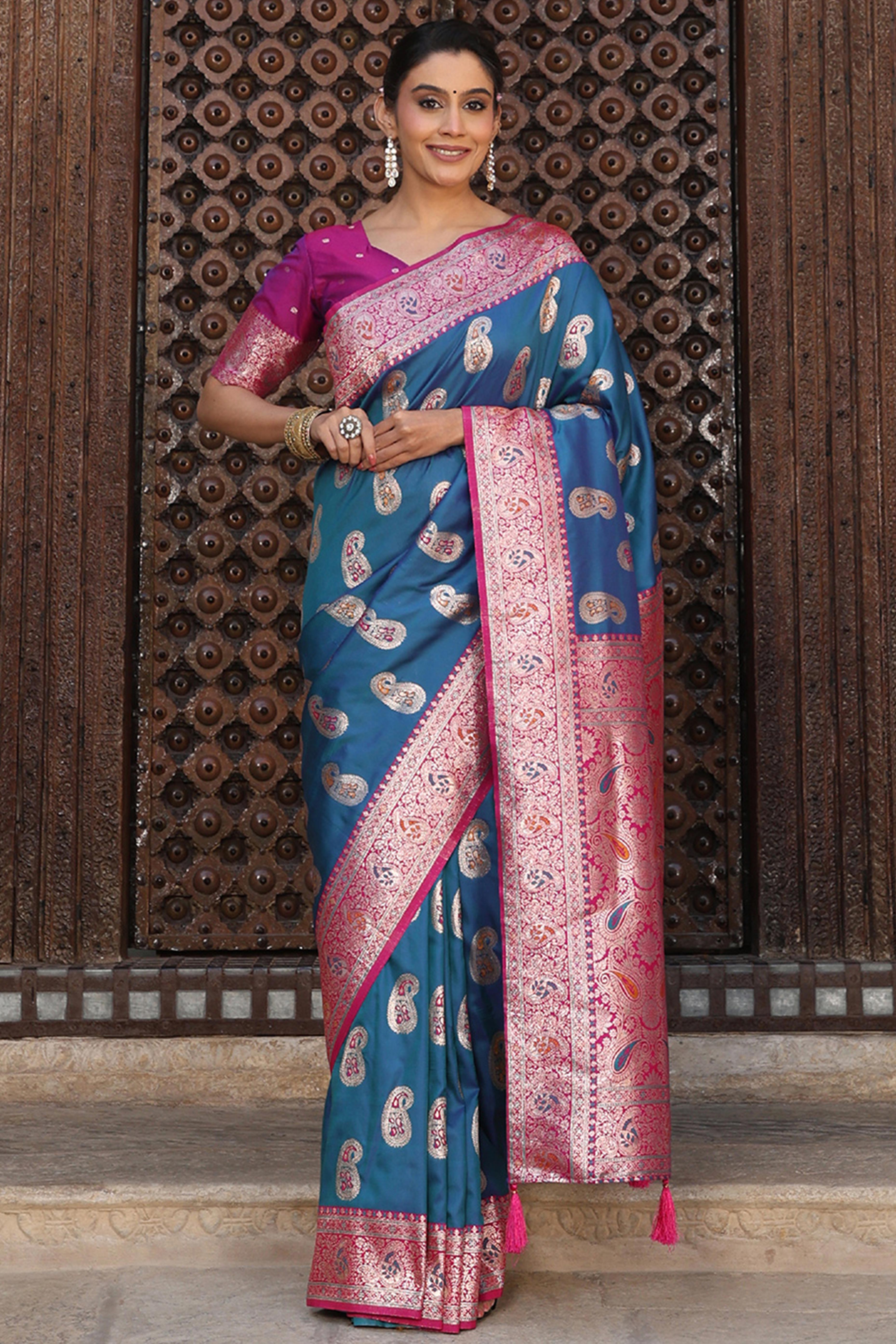 Designer Teal Silk Blend Saree with Timeless Paisley Pattern in Zari Weaving