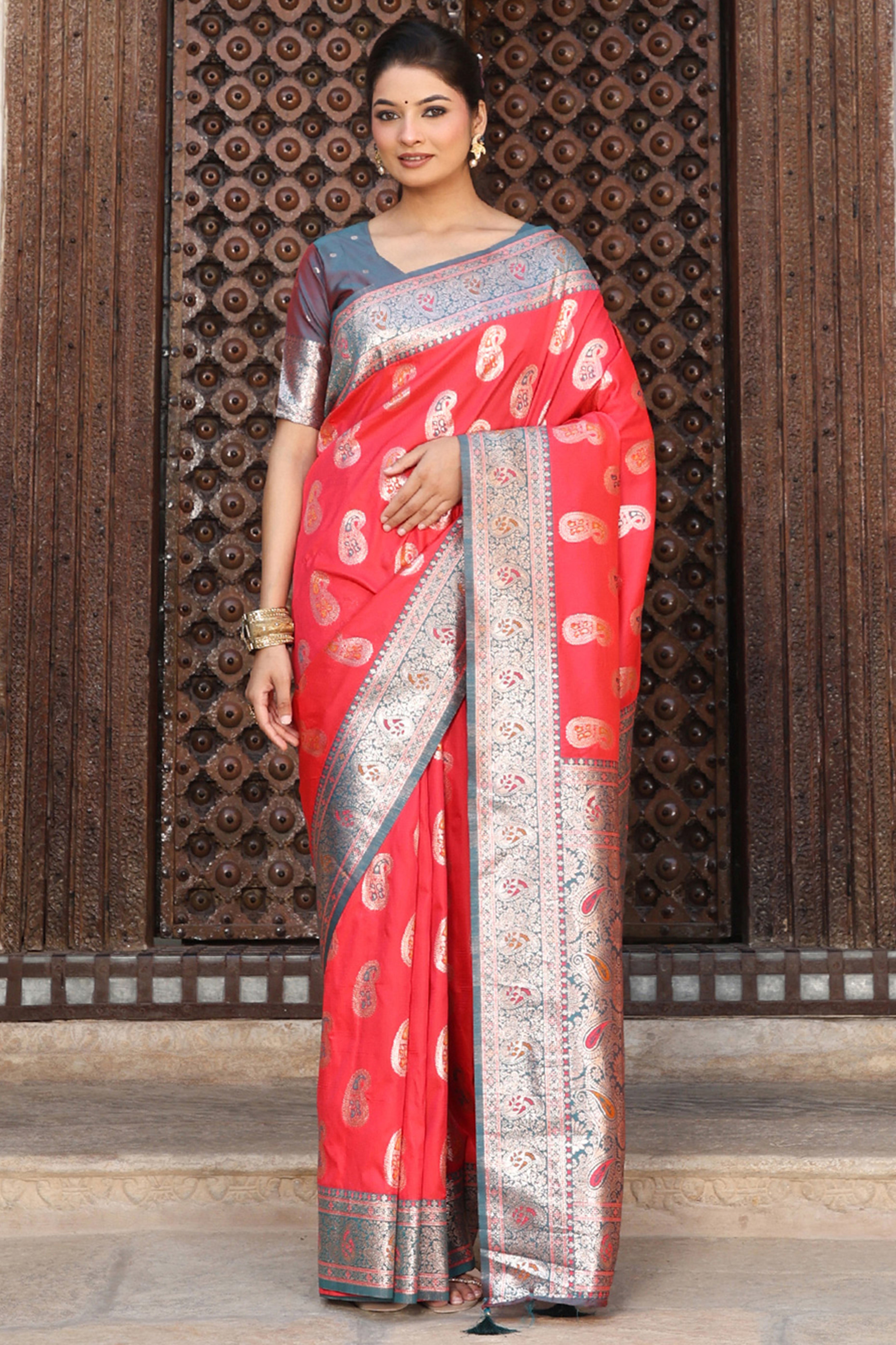 Designer Red Silk Blend Saree with Timeless Paisley Pattern in Zari Weaving