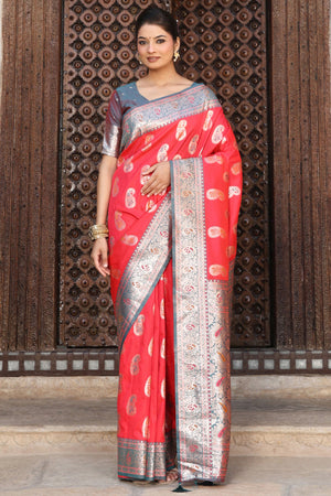 Designer Red Silk Blend Saree with Timeless Paisley Pattern in Zari Weaving
