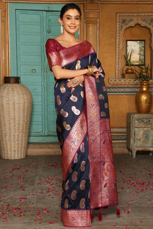 Designer Navy Blue Silk Blend Saree with Timeless Paisley Pattern in Zari Weaving