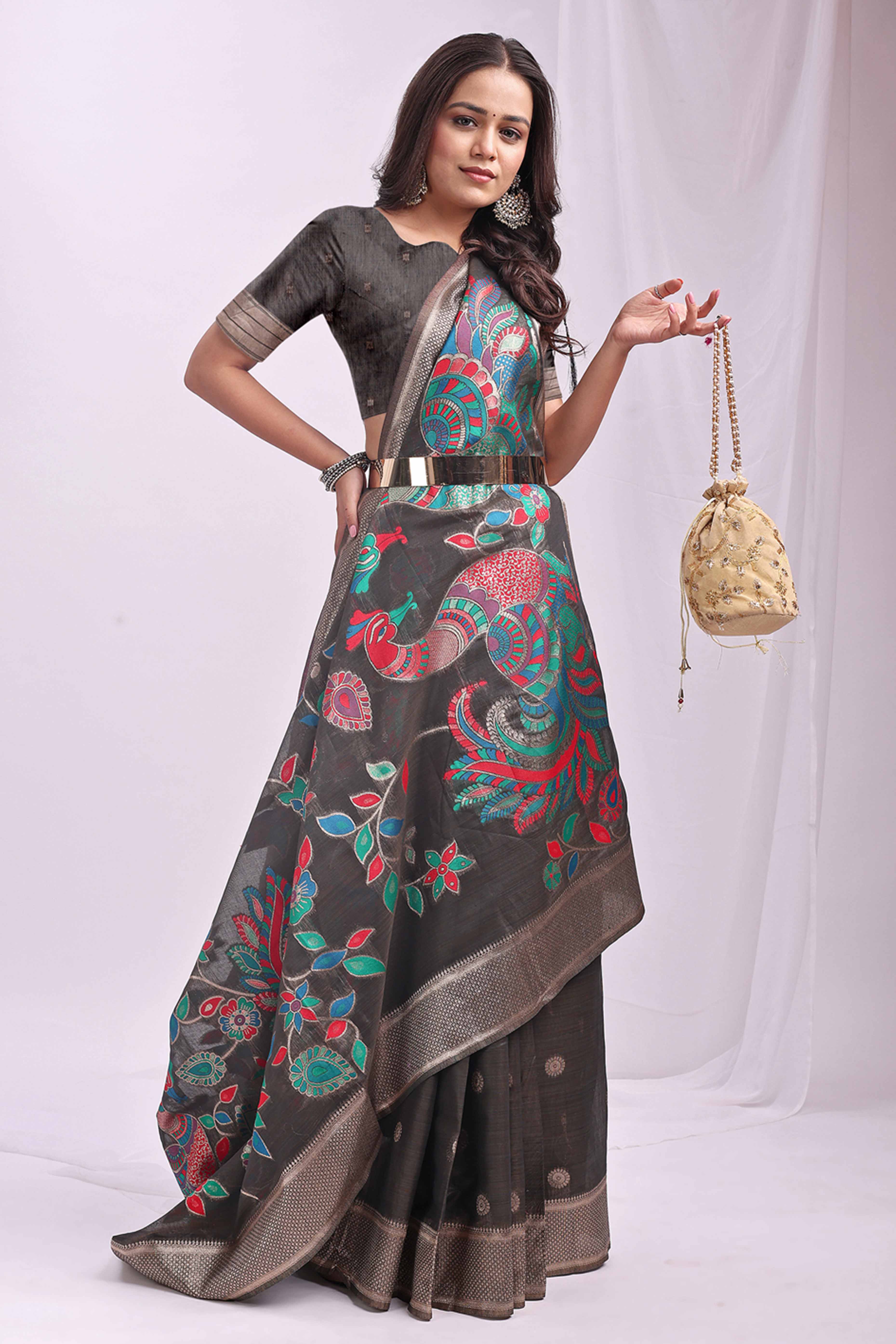 Dark Grey Floral Woven Linen Cotton Saree Accented With Peacock Motif Pallu & Zari Border