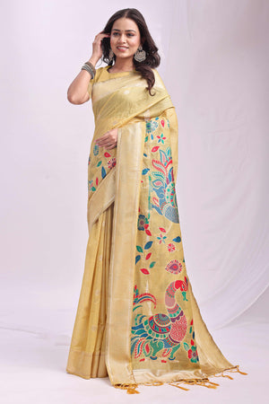 Yelllow Floral Woven Linen Cotton Saree Accented With Peacock Motif Pallu & Zari Border
