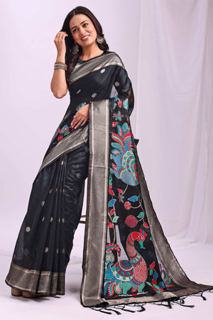 Black Floral Woven Linen Cotton Saree Accented With Peacock Motif Pallu & Zari Border