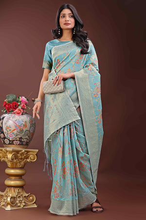 Blue Linen Cotton Saree With Intricate Floral Zari Weving & Tassel Edge