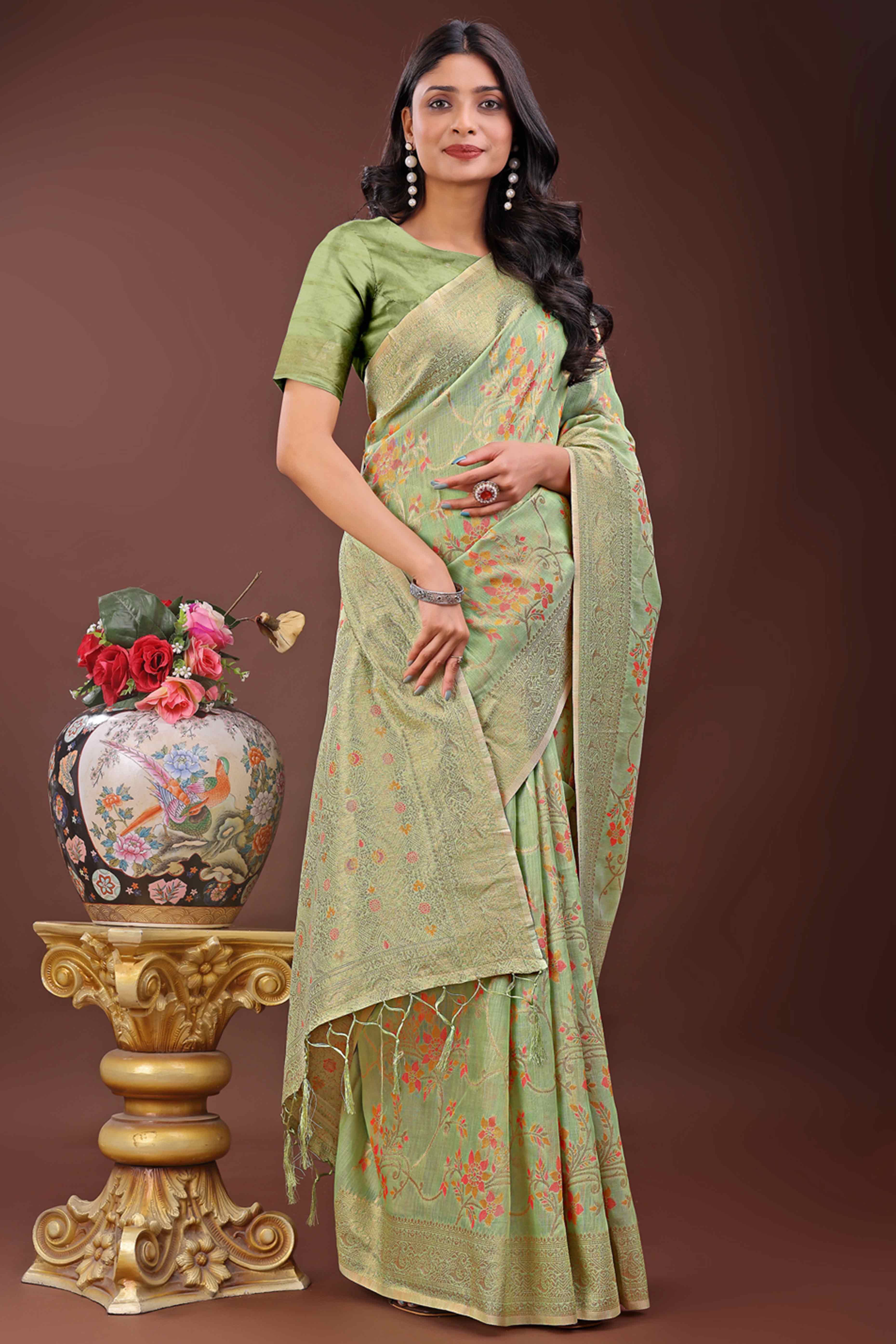 Green Linen Cotton Saree With Intricate Floral Zari Weaving & Tassel Edge