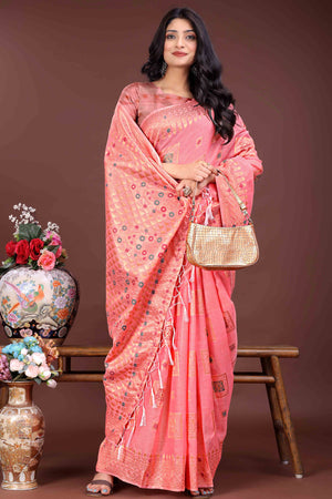 Refreshing Floral Zari Weaving Embellished Gajari Pink Saree In Linen Cotton with Tassel Accents