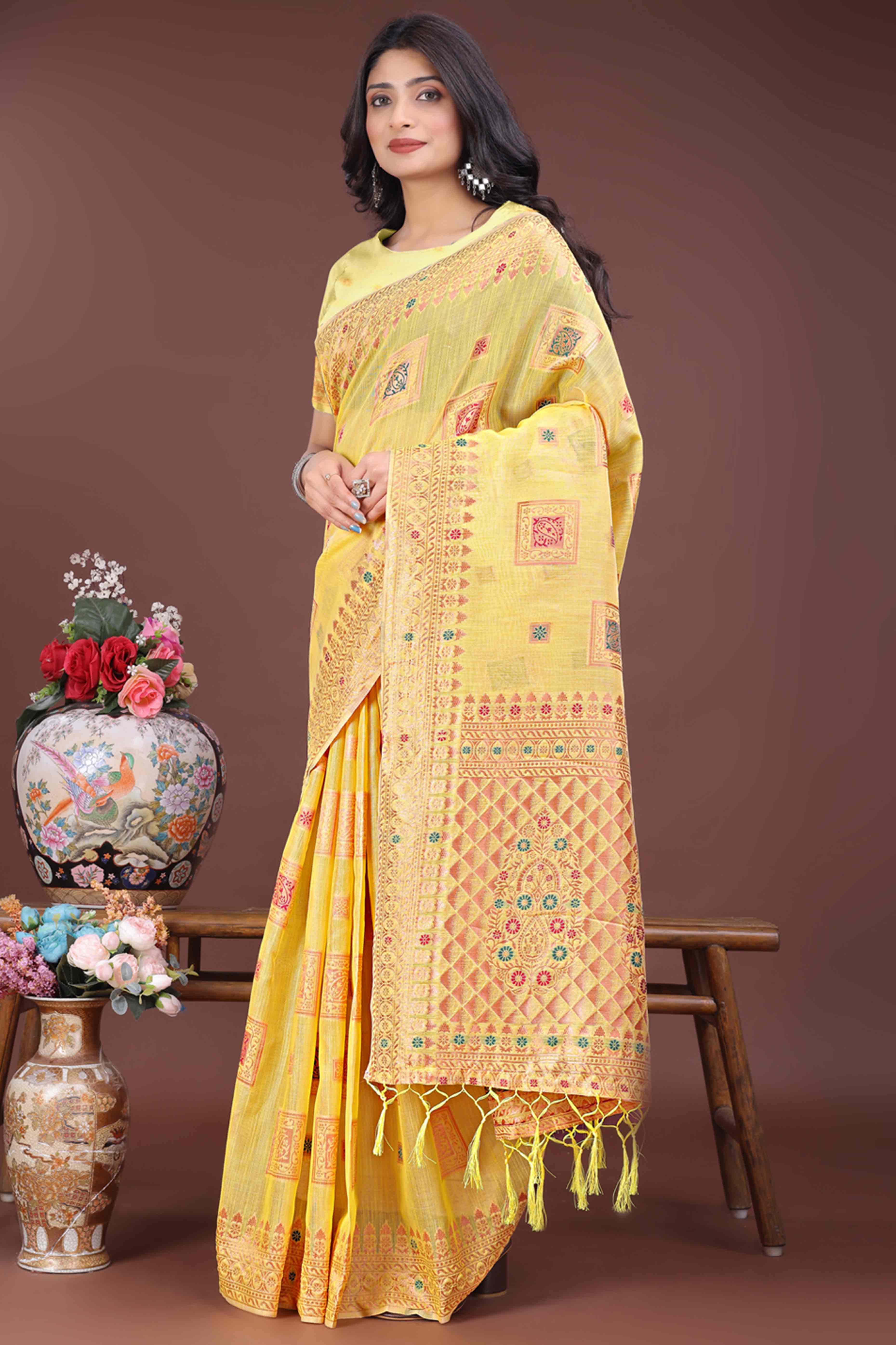 Dazzling Floral Zari Weaving Embellished Yellow Saree In Linen Cotton with Tassel Accents