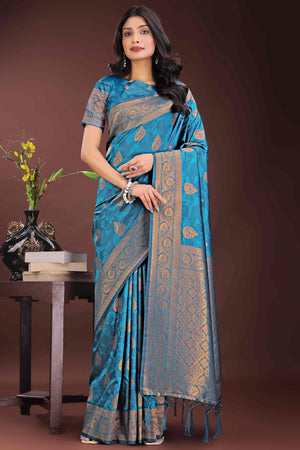 Teal Banarasi Saree in Silk with Intricately Woven Zari Florals