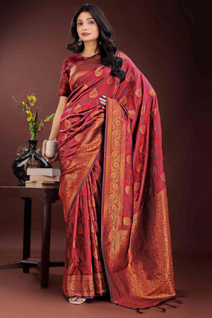 Maroon Banarasi Saree in Silk with Intricately Woven Zari Florals