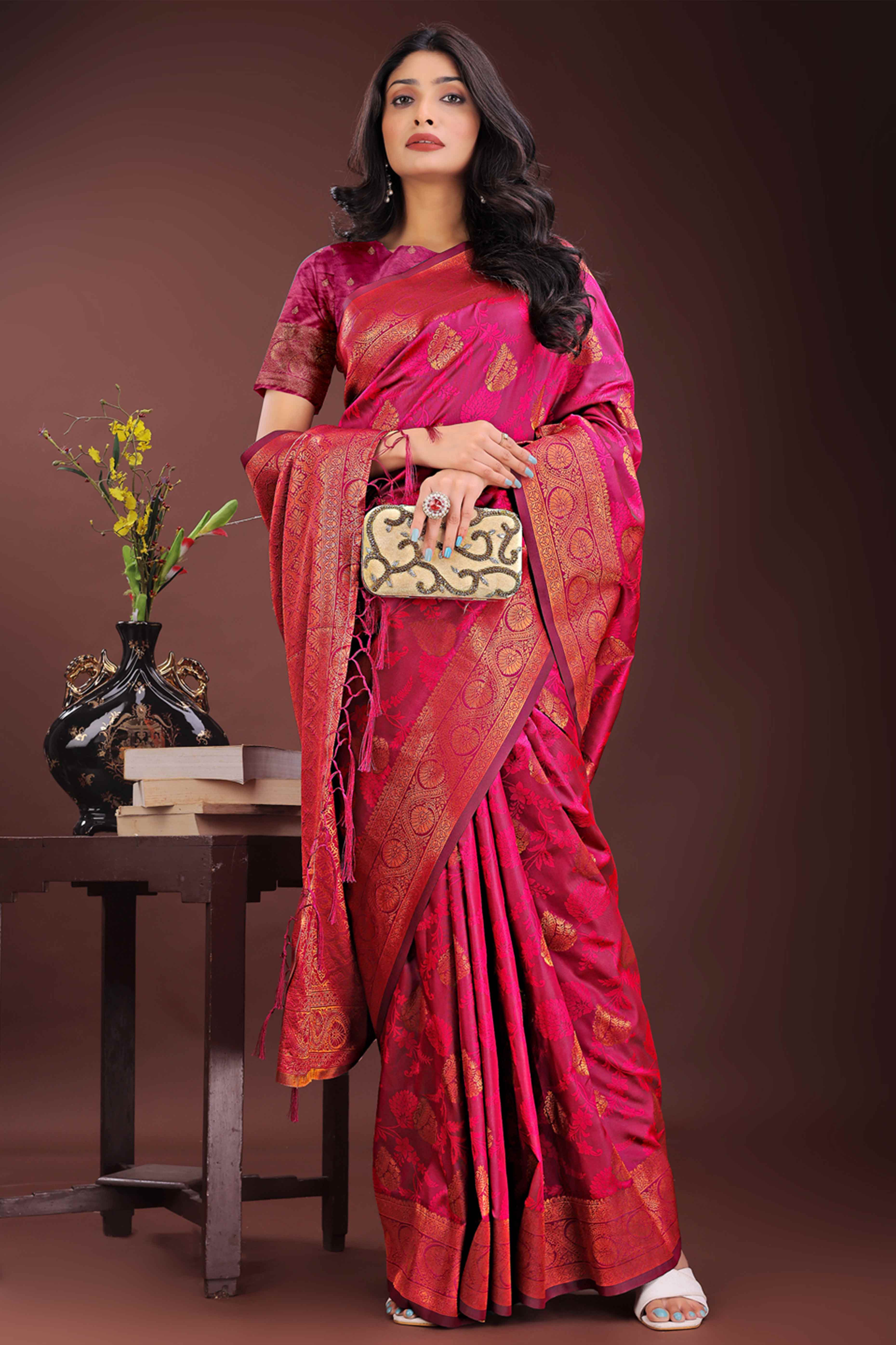 Magenta Banarasi Saree in Silk with Intricately Woven Zari Florals