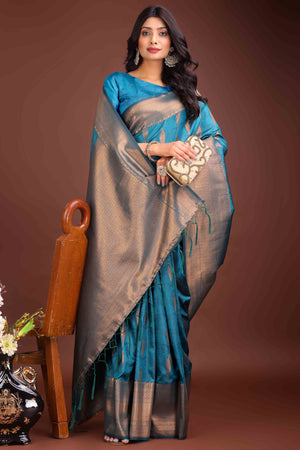 Morpich Blue Zari Woven Banarasi Silk Saree With Timeless Tassel Border