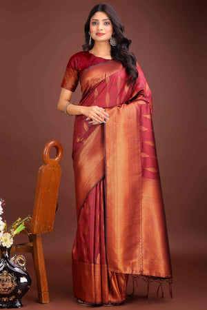 Maroon Zari Woven Banarasi Silk Saree With Timeless Tassel Border