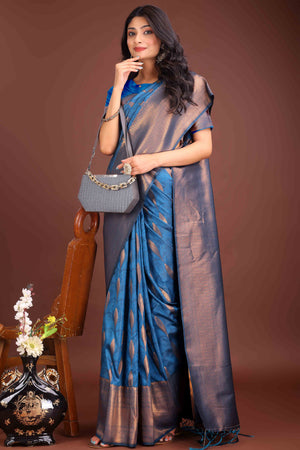 Blue Zari Woven Banarasi Silk Saree With Timeless Tassel Border